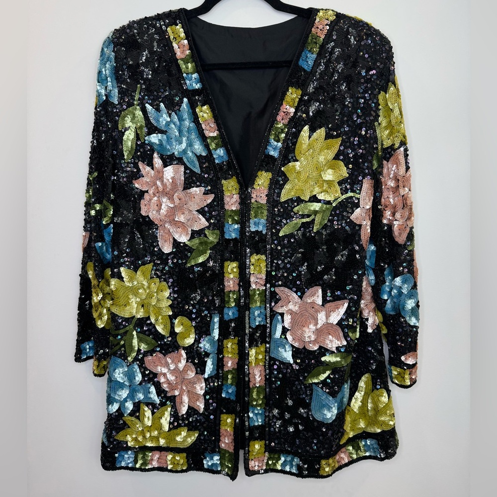 Vintage Black Sequin Floral Blazer with Pink Blue Yellow Flowers